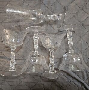 5 Cambridge Glass Chantilly Etched Stemware 4 Matching, 1 Tall - All Chipped